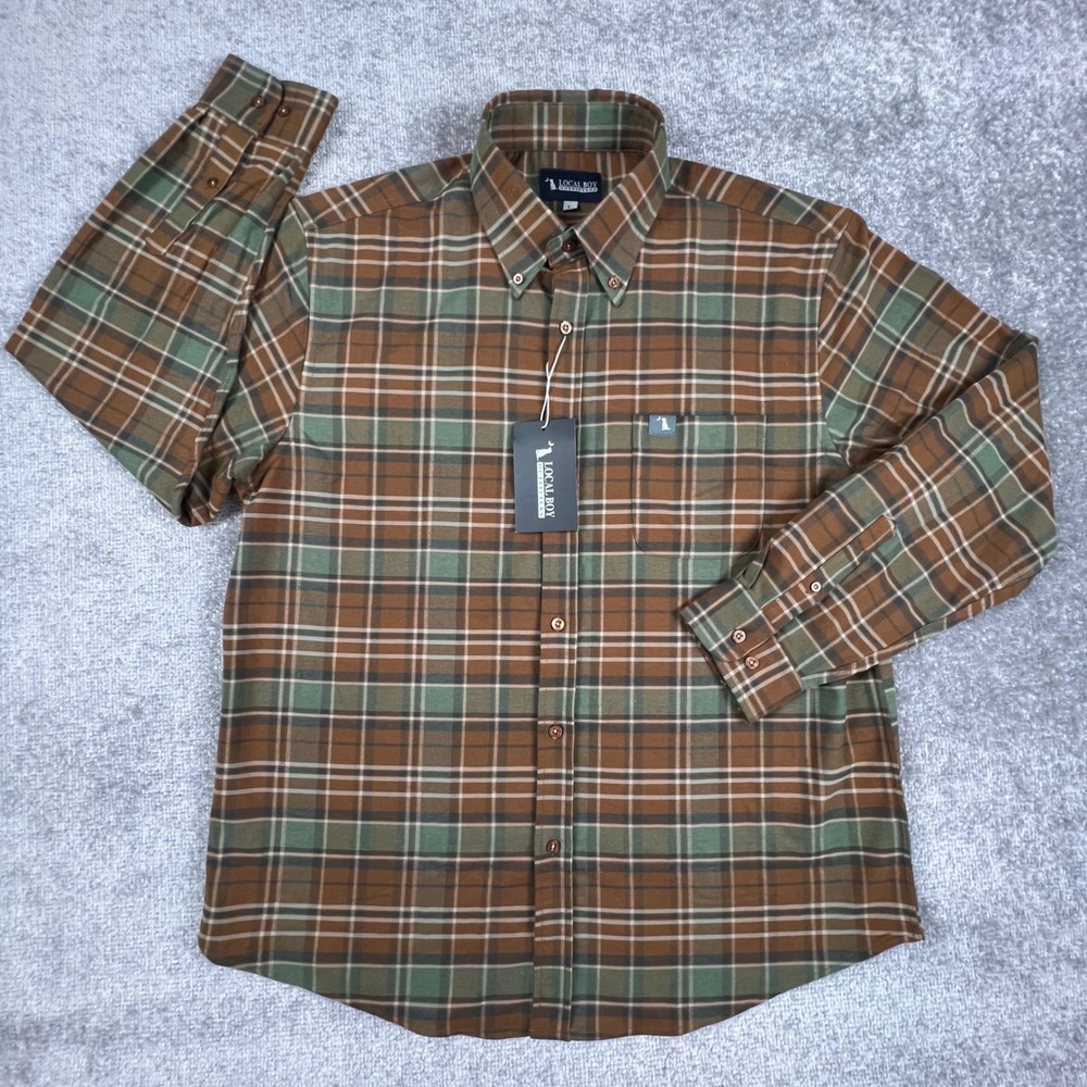 Local Boy Outfitters Mens Large Brown Green Plaid Performance Flannel Shirt NWT